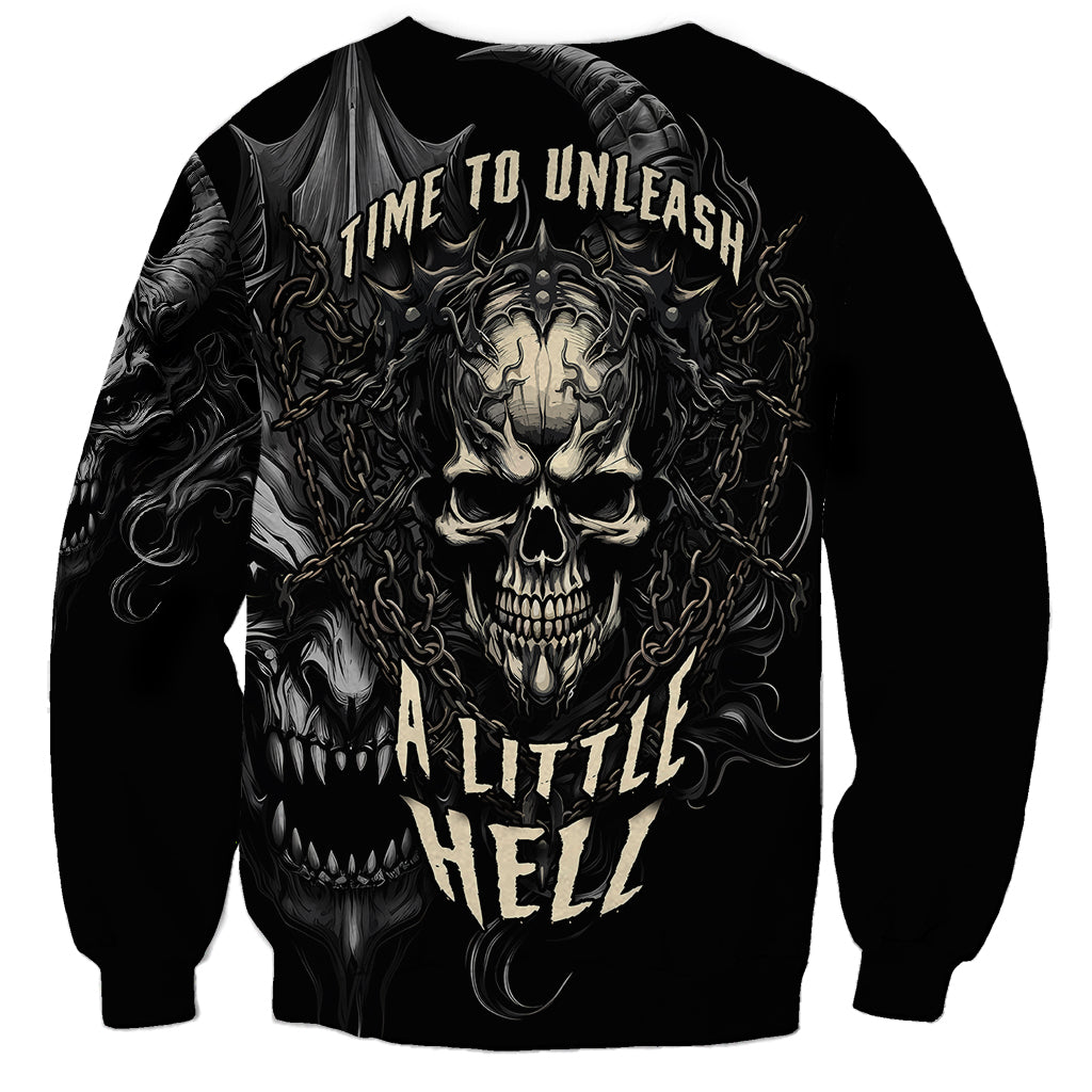 Black unisex sweatshirt with skull graphic and 'Time To Unleash' and 'Hell' text