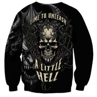 Black unisex sweatshirt with skull graphic and 'Time To Unleash' and 'Hell' text