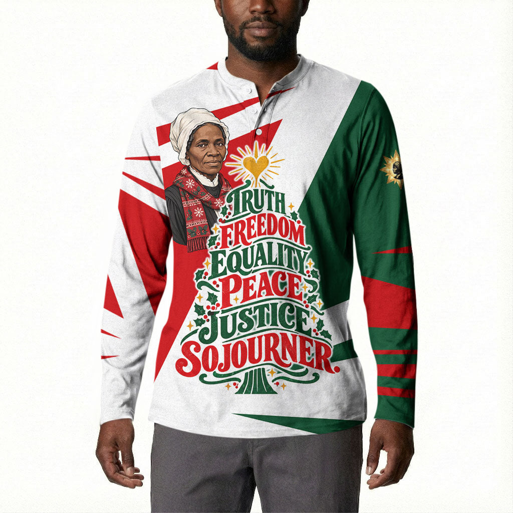 Sojourner Truth Christmas Button Sweatshirt Festive Holiday Graphic With Freedom Equality Peace Text