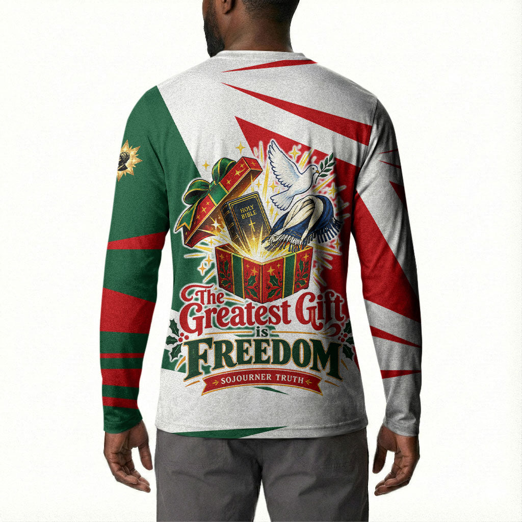 Sojourner Truth Christmas Button Sweatshirt Festive Holiday Graphic With Freedom Equality Peace Text