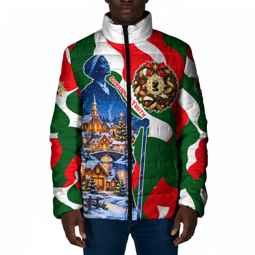 Sojourner Truth Christmas Padded Jacket Festive Holiday Wreath Graphic With Winter Town Art