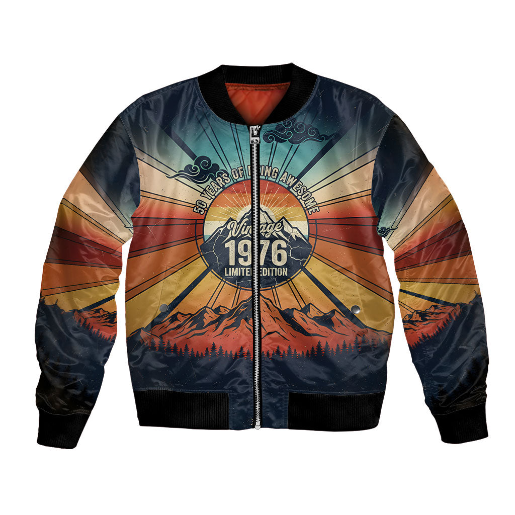Vintage 1976 50th Birthday 50 Years Of Being Awesome Bomber Jacket Retro Sunset Mountain Sunrise