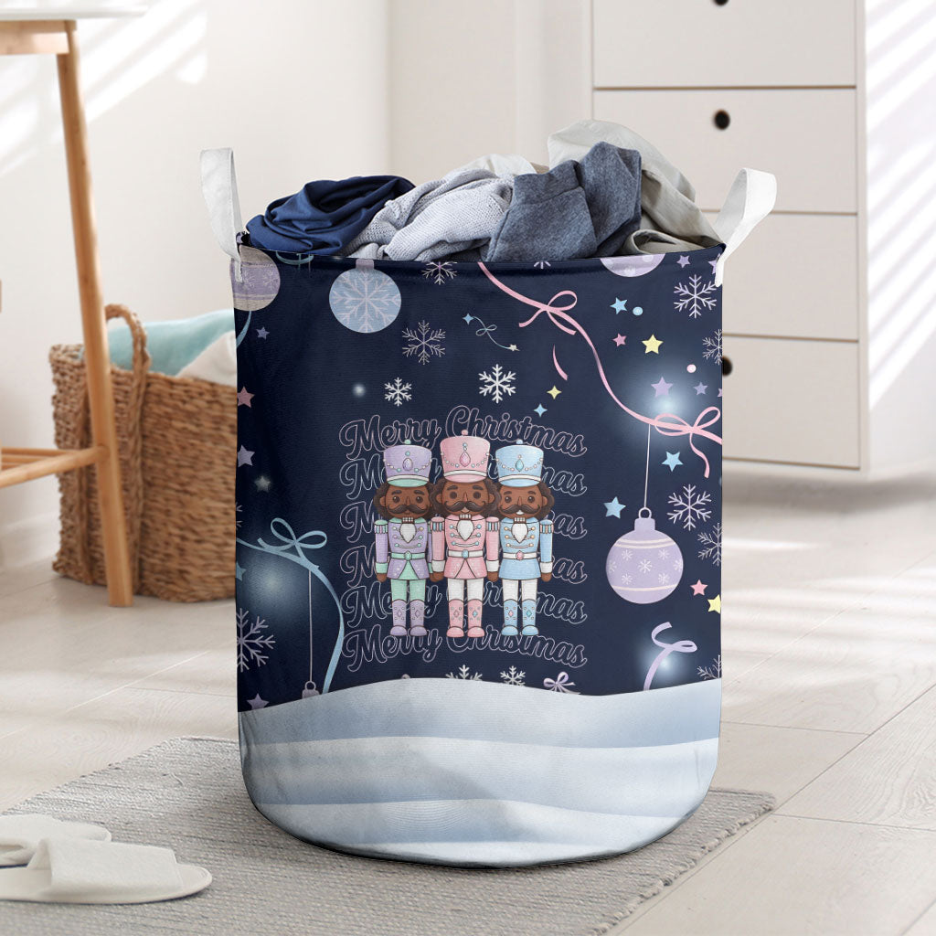 Black Nutcracker Magic Christmas Laundry Basket African American Pastel Snowflake Winter