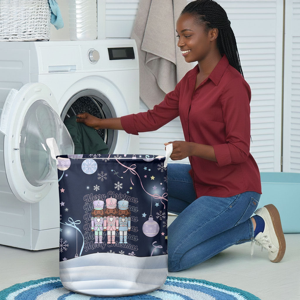 Black Nutcracker Magic Christmas Laundry Basket African American Pastel Snowflake Winter