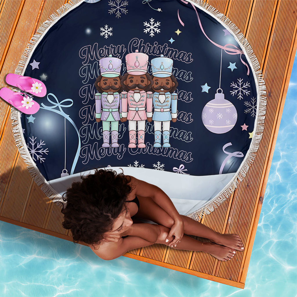 Black Nutcracker Magic Christmas Beach Blanket African American Pastel Snowflake Winter