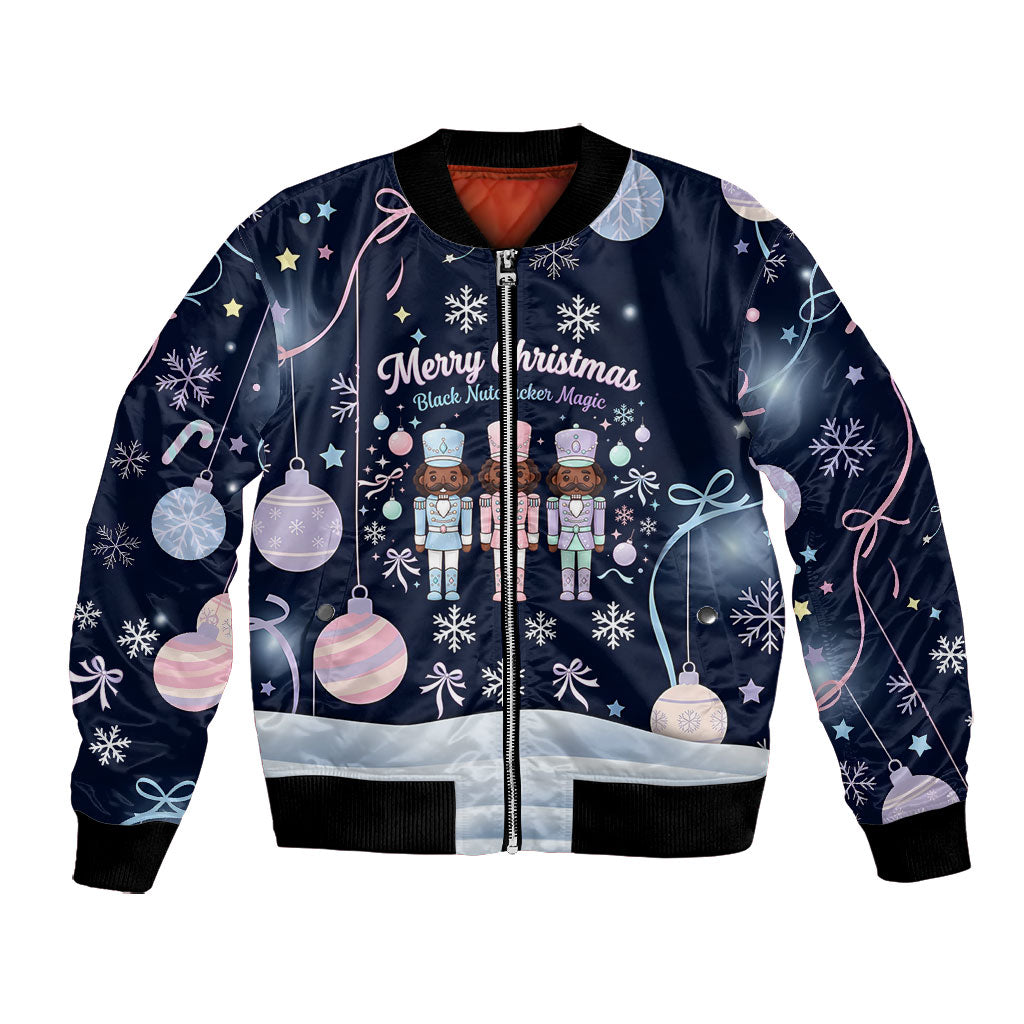 Black Nutcracker Magic Christmas Bomber Jacket African American Pastel Snowflake Winter