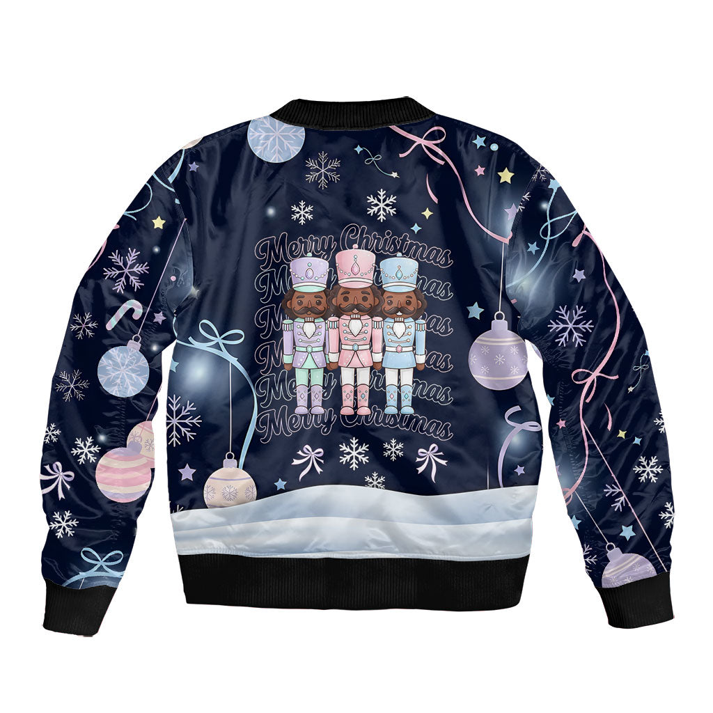Black Nutcracker Magic Christmas Bomber Jacket African American Pastel Snowflake Winter