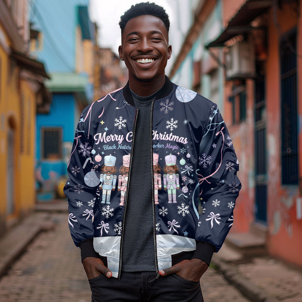 Black Nutcracker Magic Christmas Bomber Jacket African American Pastel Snowflake Winter