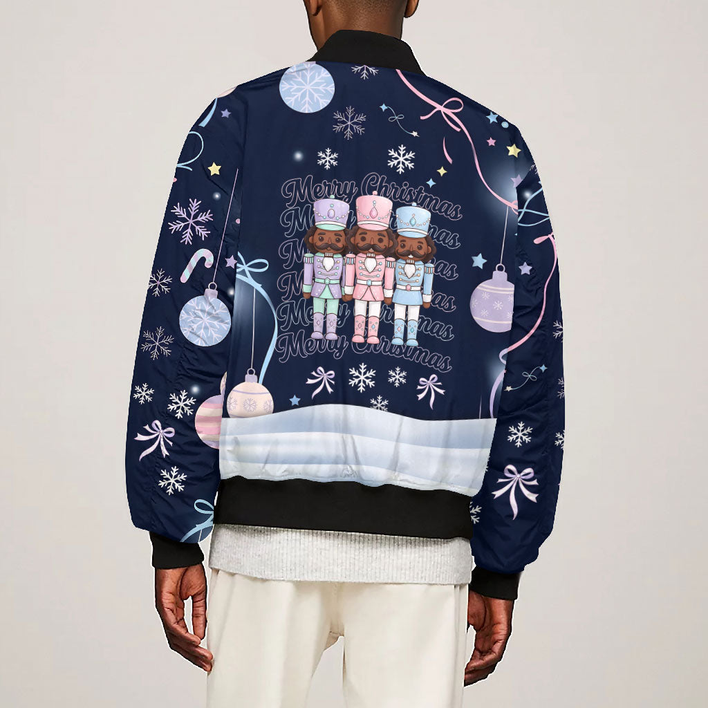 Black Nutcracker Magic Christmas Bomber Jacket African American Pastel Snowflake Winter