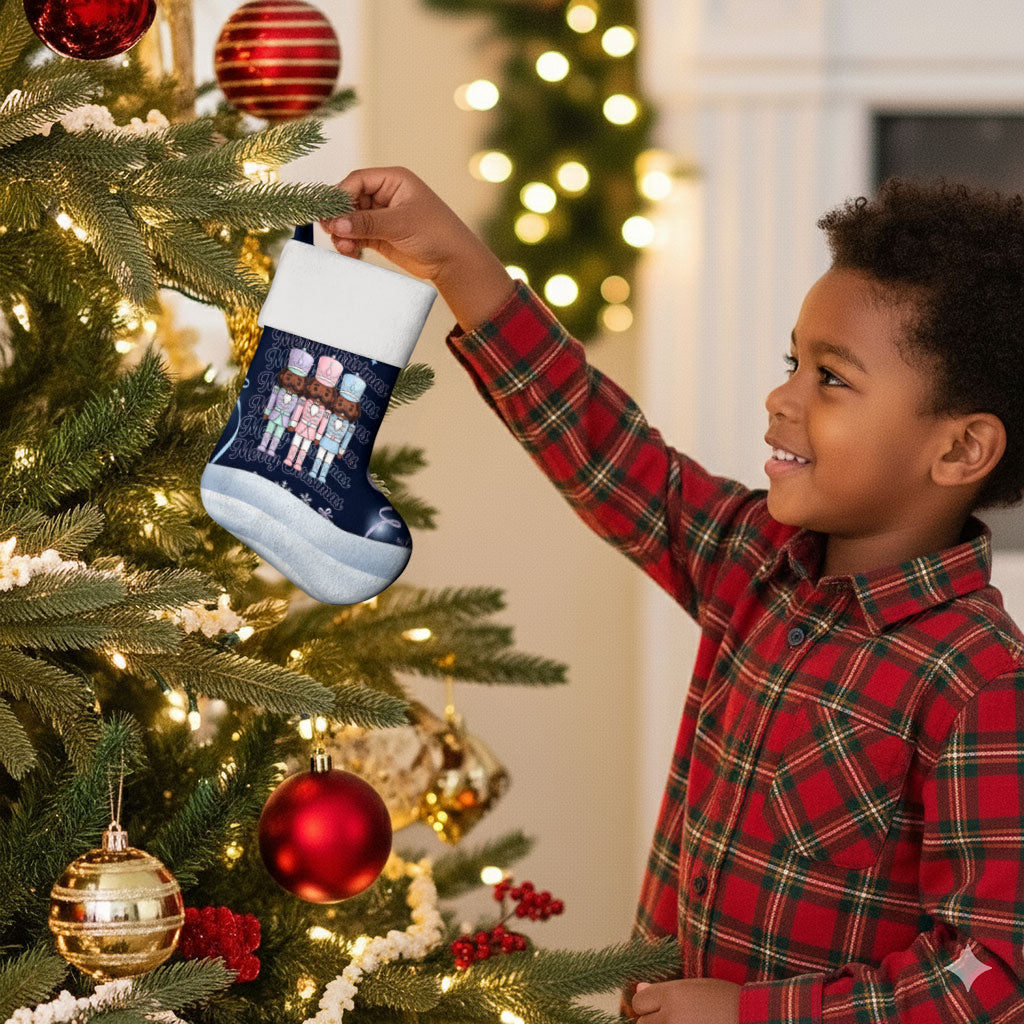 Black Nutcracker Magic Christmas Stocking African American Pastel Snowflake Winter