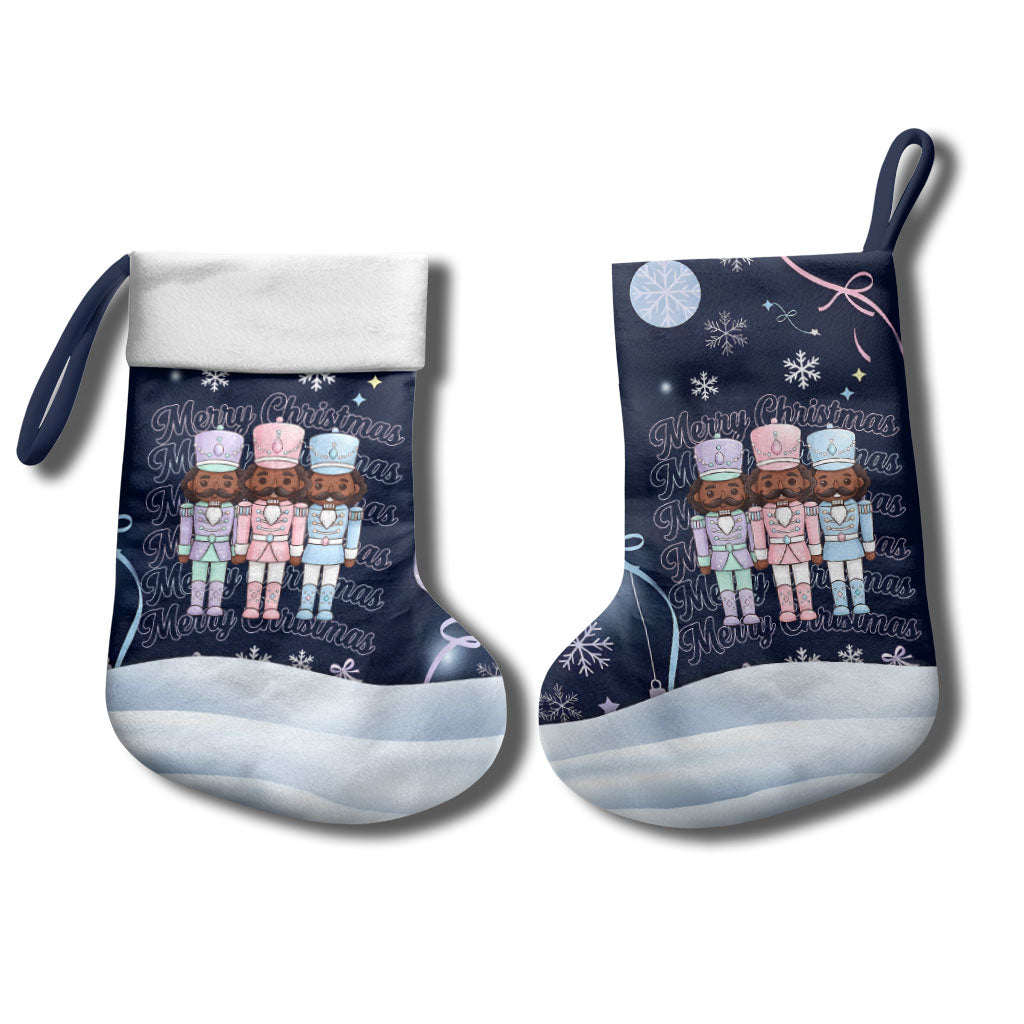 Black Nutcracker Magic Christmas Stocking African American Pastel Snowflake Winter