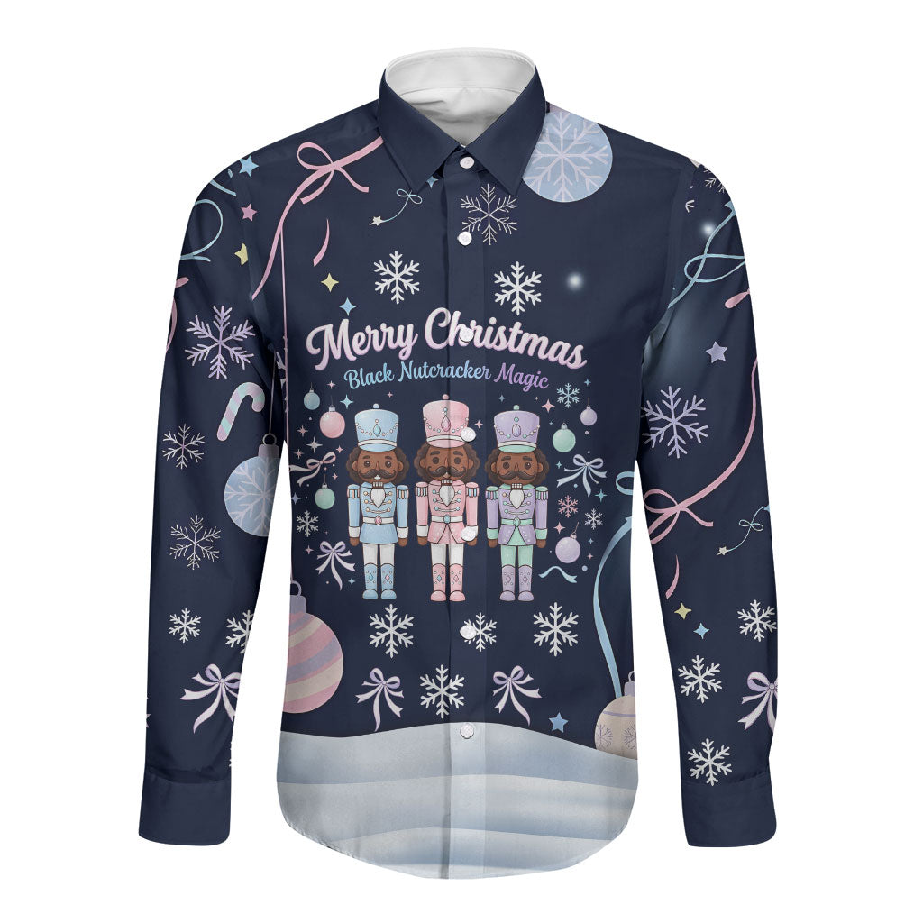 Black Nutcracker Magic Christmas Long Sleeve Button Shirt African American Pastel Snowflake Winter