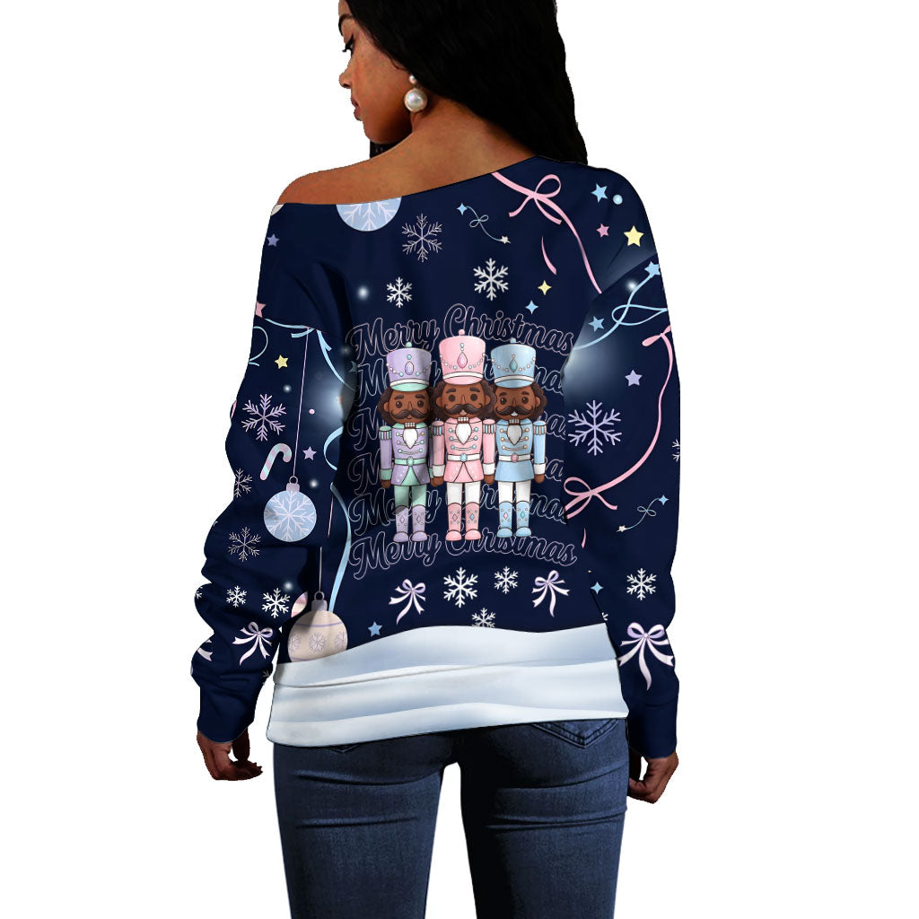 Black Nutcracker Magic Christmas Off Shoulder Sweater African American Pastel Snowflake Winter