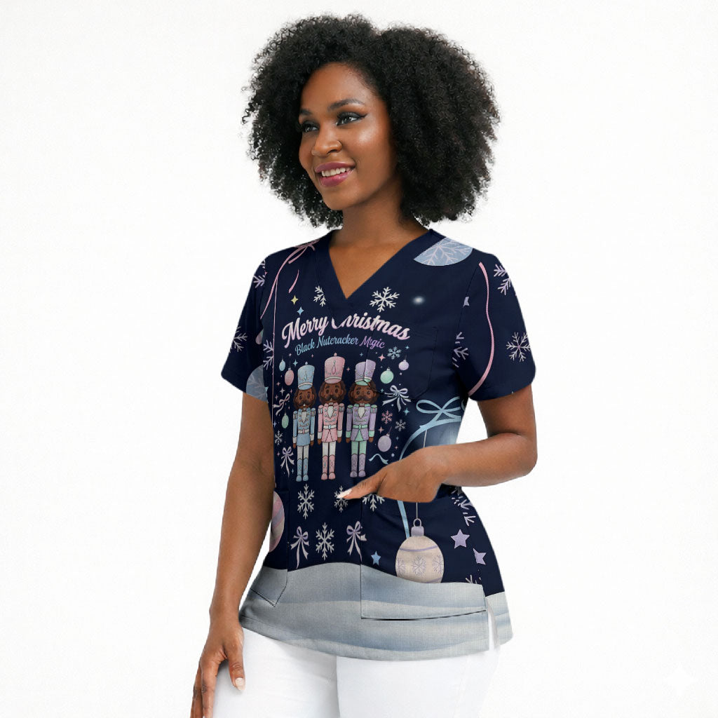 Black Nutcracker Magic Christmas Scrub Top African American Pastel Snowflake Winter