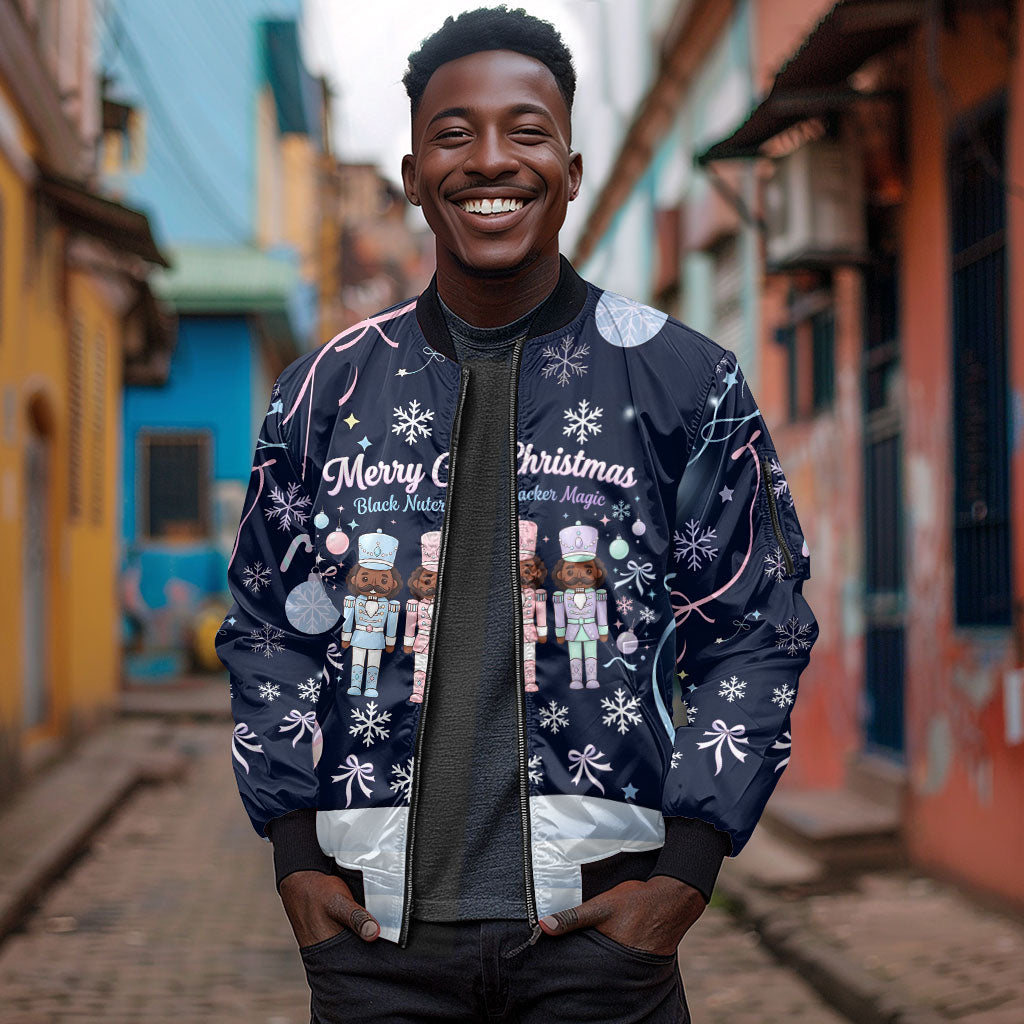 Black Nutcracker Magic Christmas Sleeve Zip Bomber Jacket African American Pastel Snowflake Winter