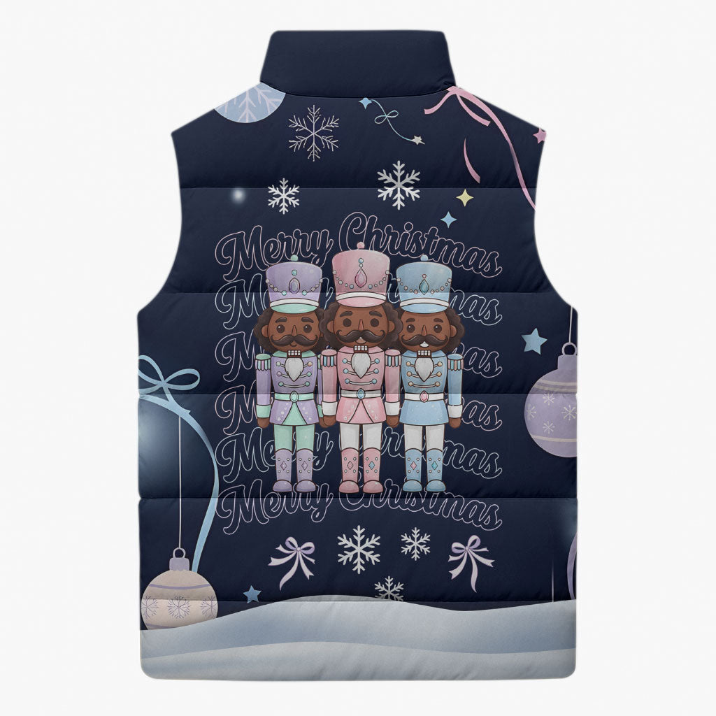Black Nutcracker Magic Christmas Sleeveless Puffer Jacket African American Pastel Snowflake Winter
