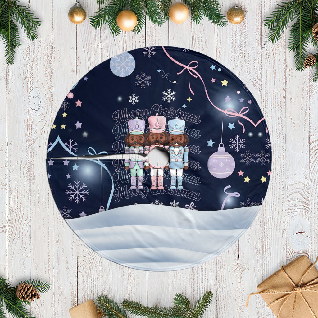 Black Nutcracker Magic Christmas Tree Skirt African American Pastel Snowflake Winter