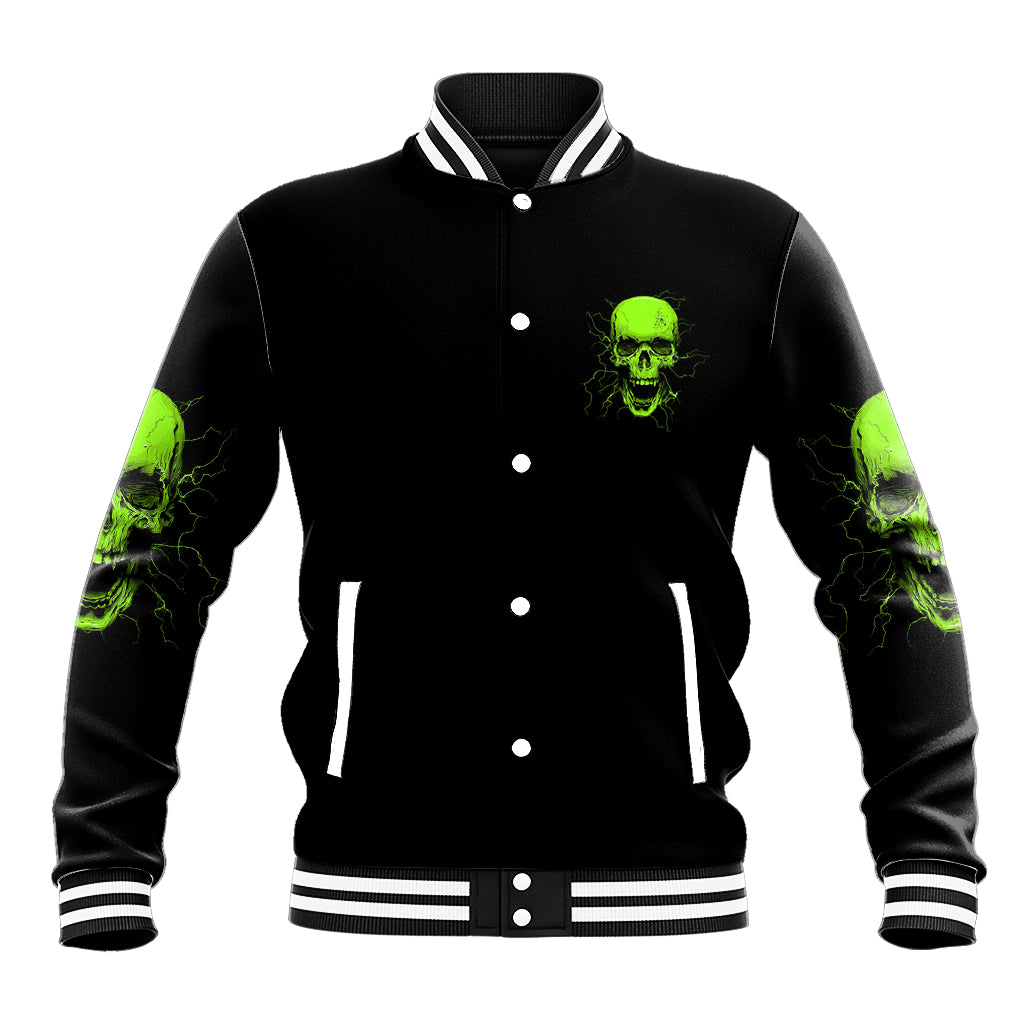 Black baseball jacket with neon green skull graphic and striped rib collar cuffs