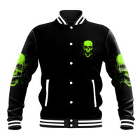 Black baseball jacket with neon green skull graphic and striped rib collar cuffs