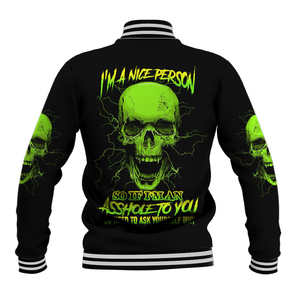 Black baseball jacket with back neon green skull text graphic and striped rib hem cuffs
