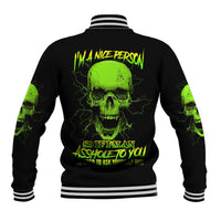 Black baseball jacket with back neon green skull text graphic and striped rib hem cuffs