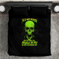 Black duvet and pillowcases featuring neon green skull and lightning-style text graphic
