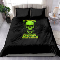 Black bedding set with neon green skull graphic on duvet and matching pillowcases