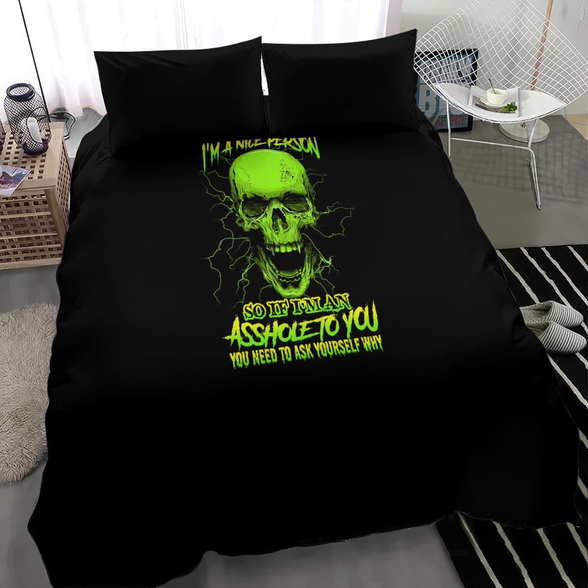 Black bedding set with neon green skull print centered on duvet and two pillowcases