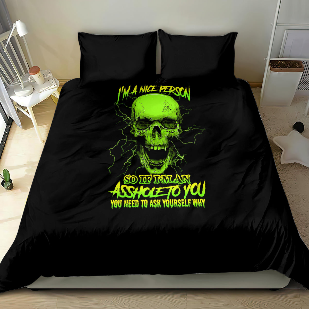 Black duvet with neon green skull and text graphic, paired with two matching pillowcases