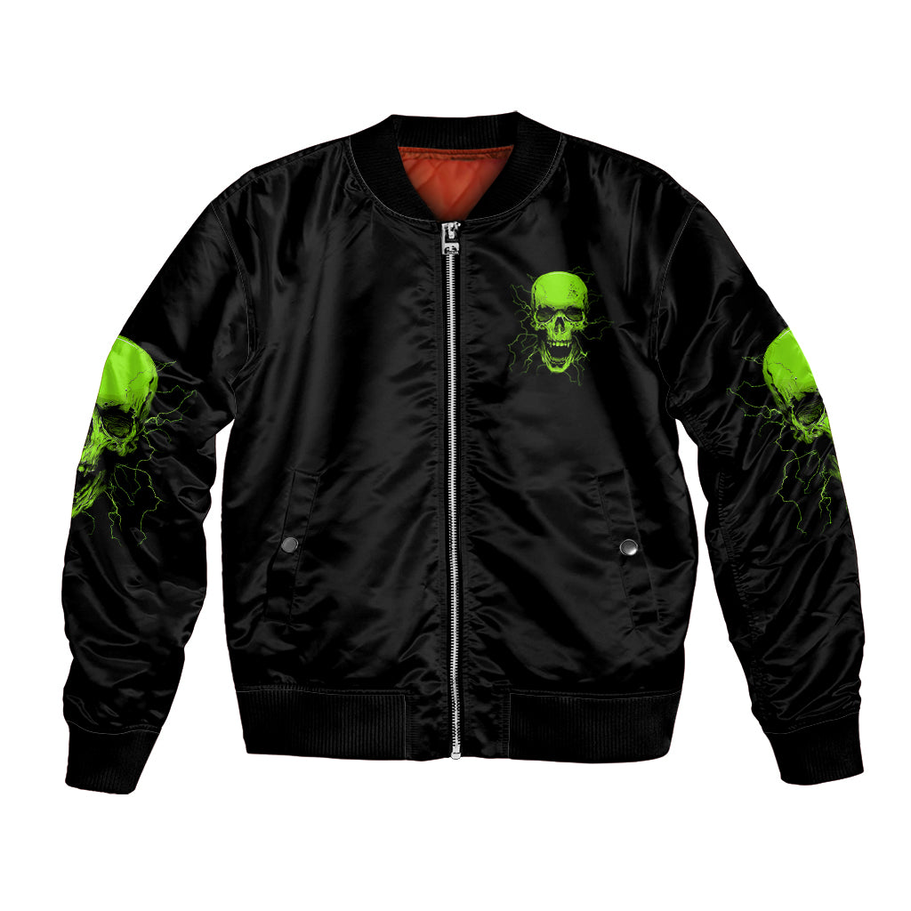 Unisex black bomber jacket with neon green skull on front, full zip