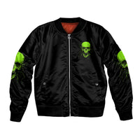 Unisex black bomber jacket with neon green skull on front, full zip
