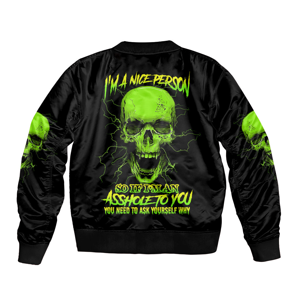 Unisex black bomber jacket with neon green skull back graphic and text