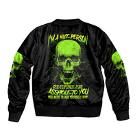 Unisex black bomber jacket with neon green skull back graphic and text