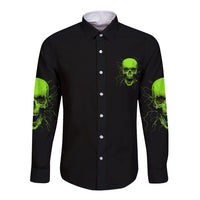 Black long-sleeve button shirt with neon green skull graphic and sleeve accents