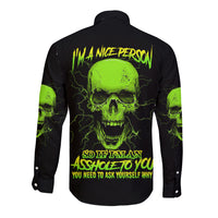 Black long-sleeve button shirt, back text with neon green skull and lightning design