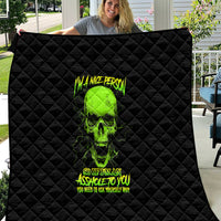 Black quilt with neon green skull print, diamond quilting texture, full view