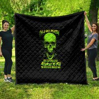 Black quilt with neon green skull graphic and diamond stitched pattern