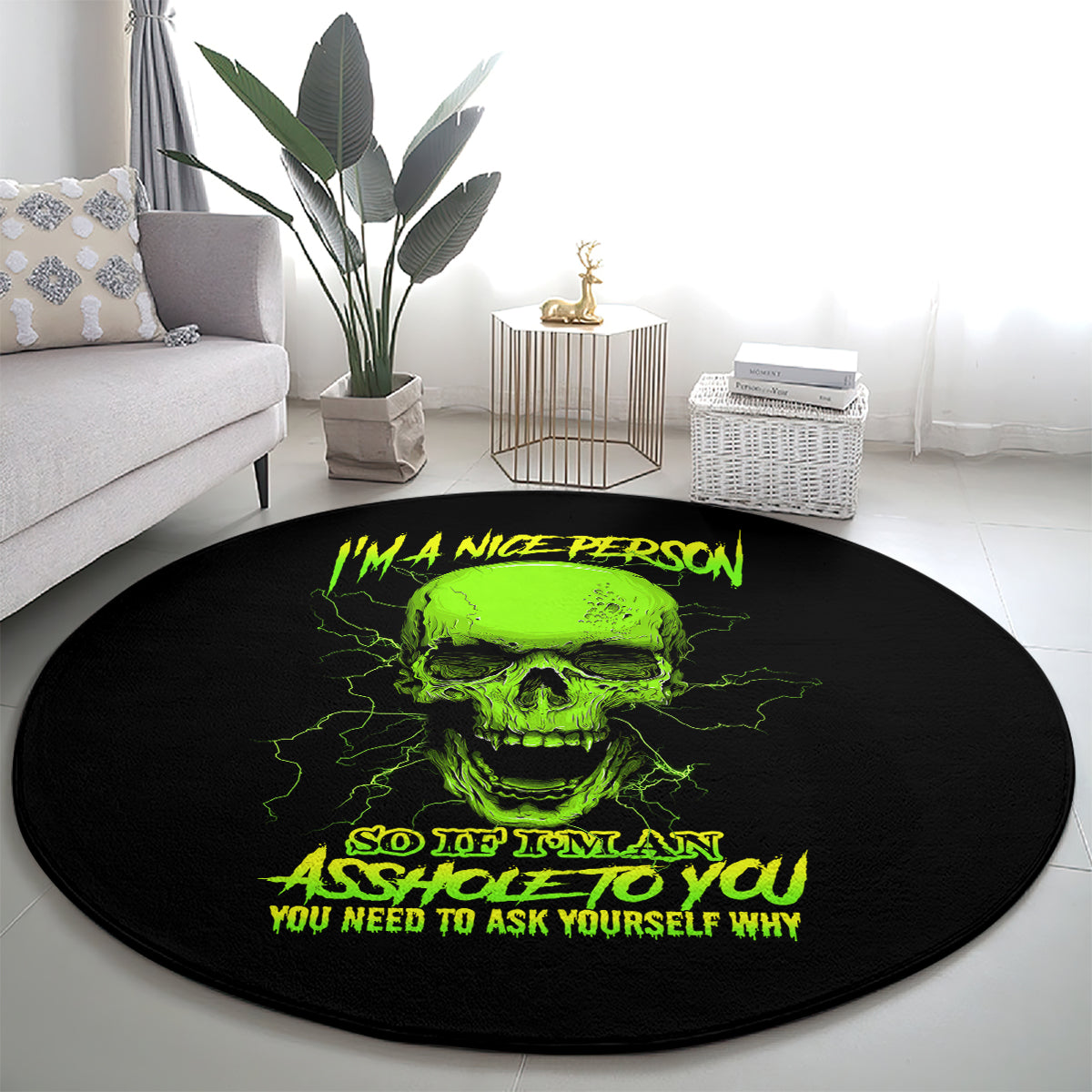 Round black carpet with neon green skull graphic and yellow slogan text, full view