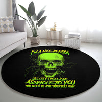 Round black carpet with neon green skull graphic and yellow slogan text, full view