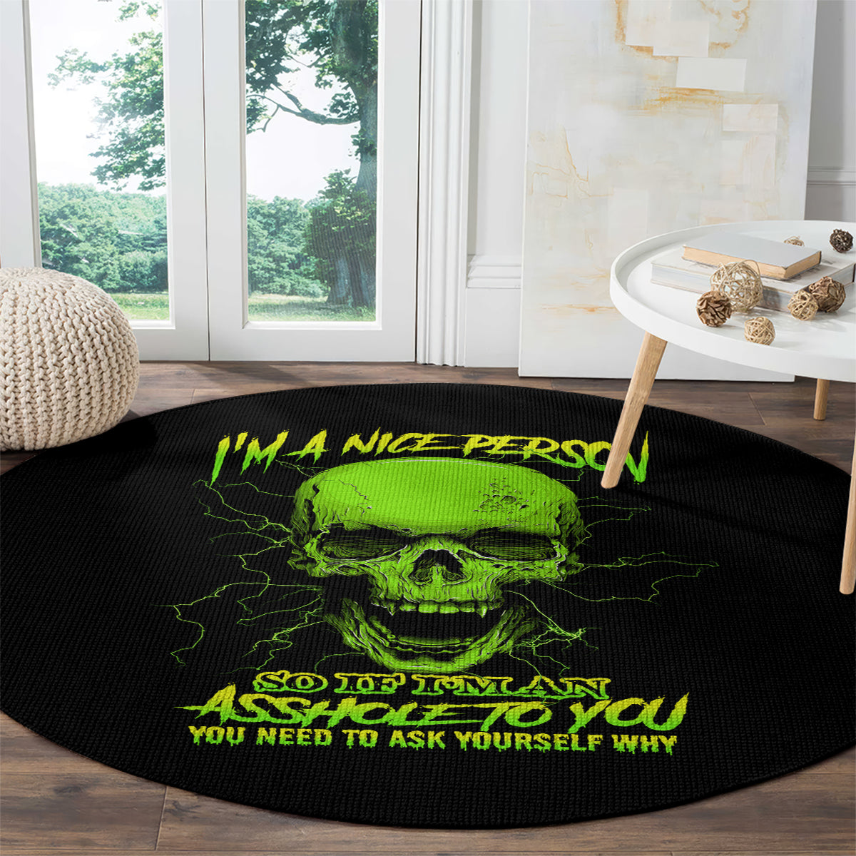 Round black carpet with partial neon green skull graphic and yellow slogan text