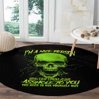 Round black carpet with partial neon green skull graphic and yellow slogan text