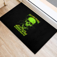 Black rubber doormat with neon green skull and slogan graphic