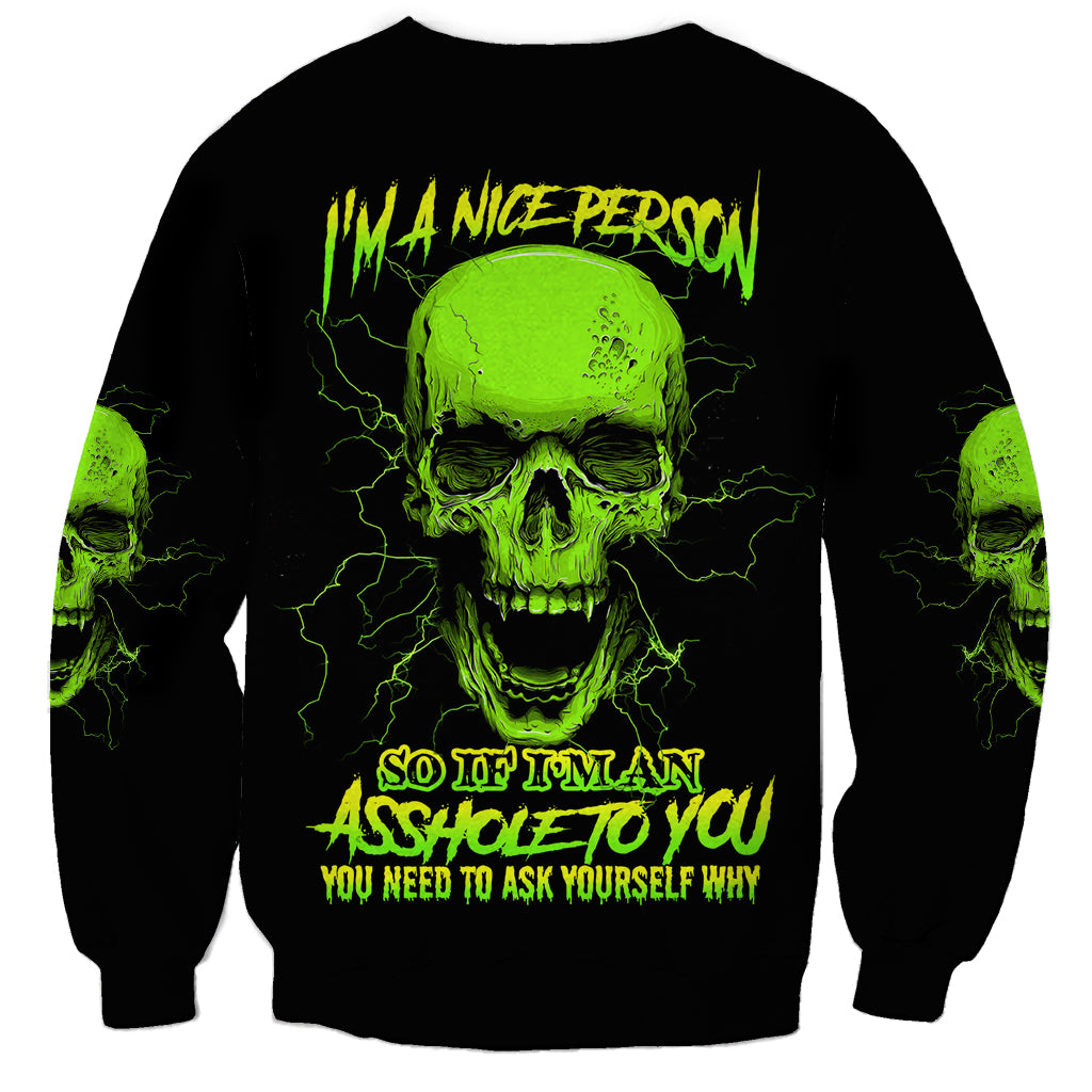 Black unisex sweatshirt with neon green skull and slogan text on back.