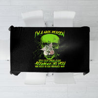 Black tablecloth featuring a bright green skull design with stylized text