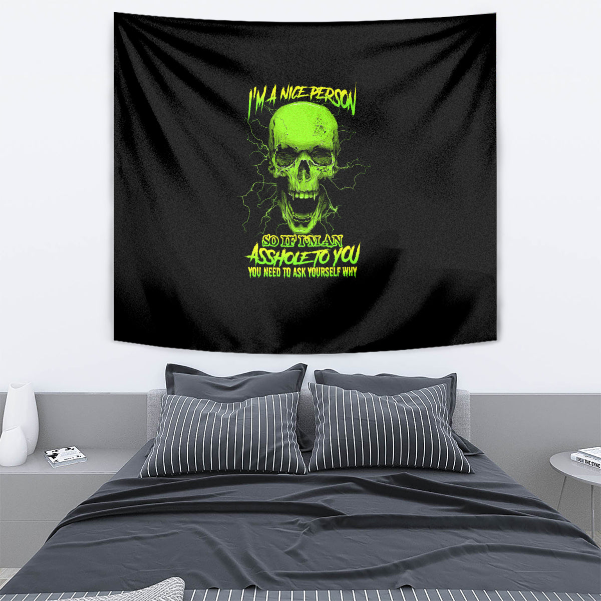 Black wall tapestry with neon green skull and graphic text design