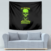 Black tapestry with neon green skull and layered text design