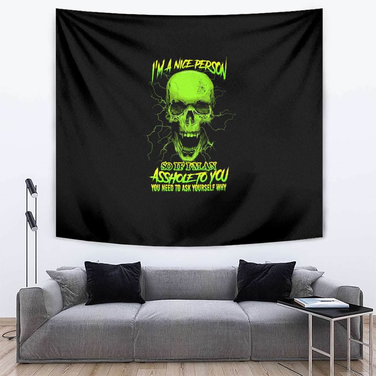 Black wall tapestry with neon green skull, bold text, and slogan