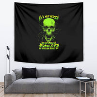 Black wall tapestry with neon green skull, bold text, and slogan