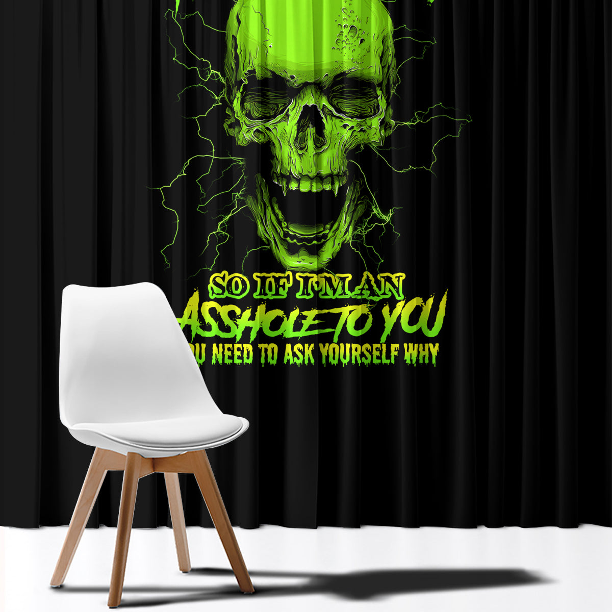 Black skull window curtain with neon green face graphic and text on both panels