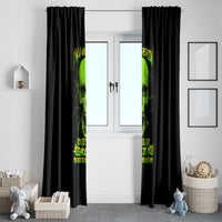 Black window curtain set with neon green skull graphic and bold yellow-green text